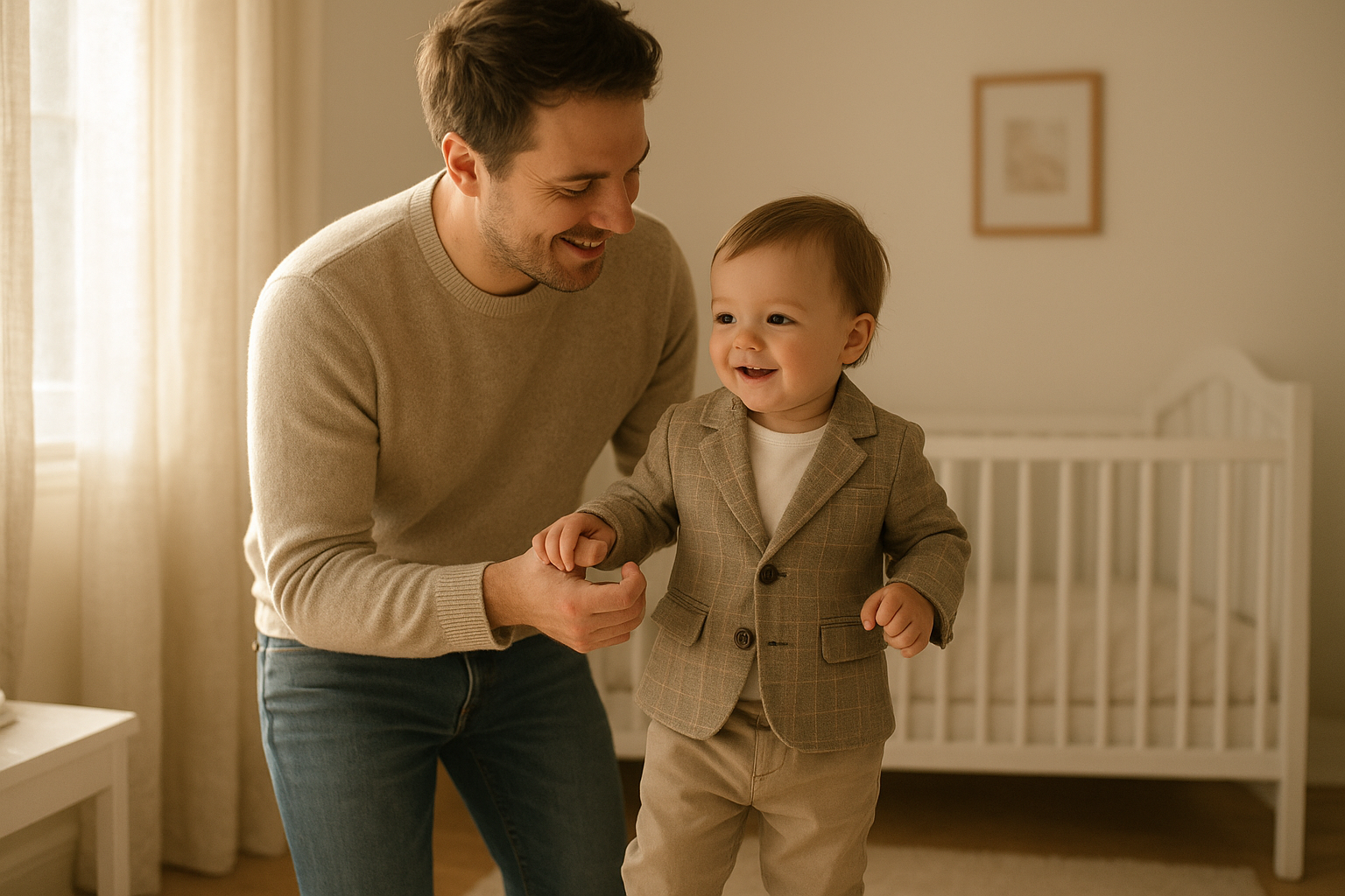 Toddler wearing a rented outfit while standing with a parent in a sunlit nursery