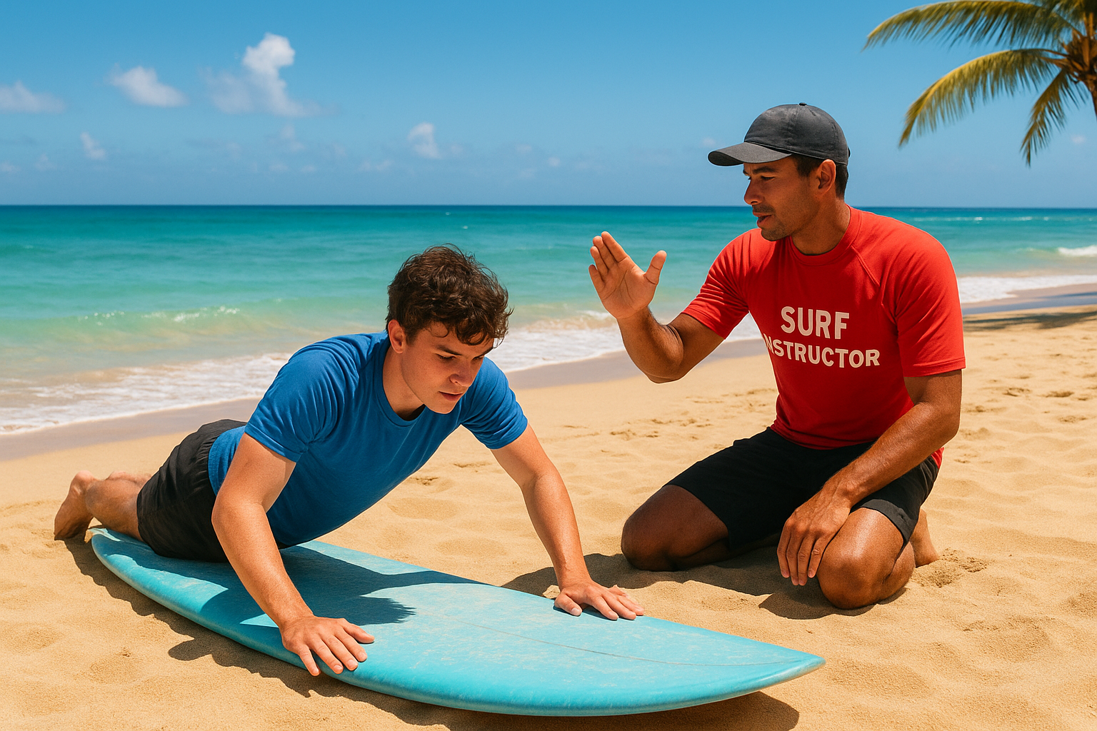 Beginner practicing pop-up technique on sand during a Waikiki surf lesson orientation