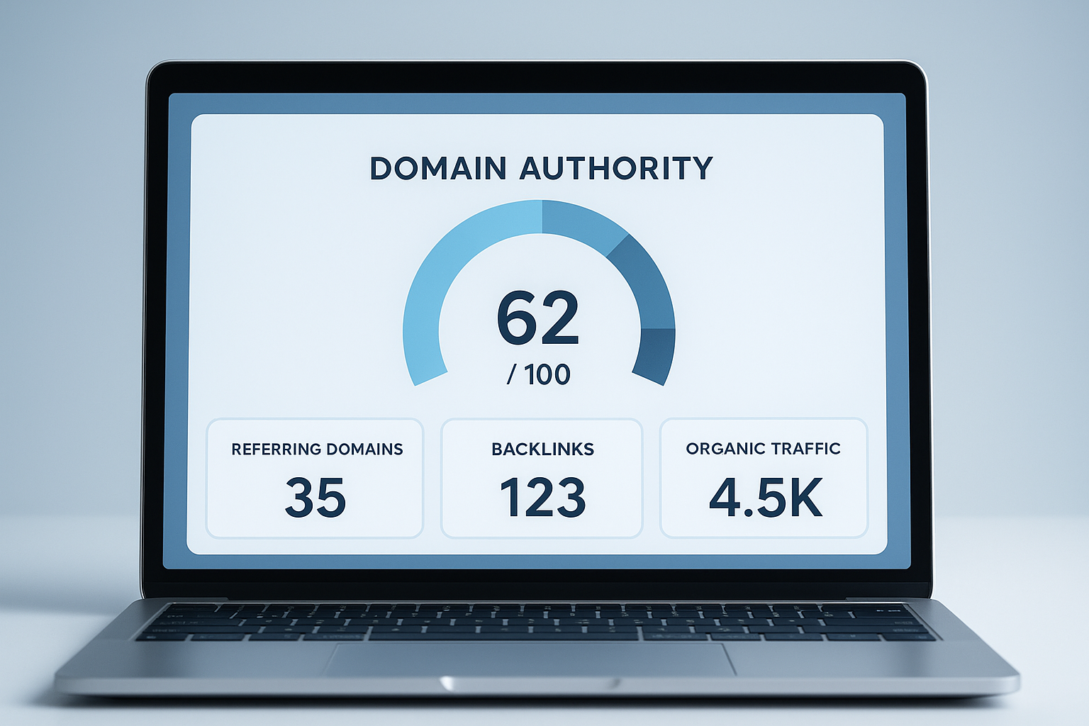 SEMrush authority checker dashboard displaying a domain Authority Score of 62 with backlink metrics