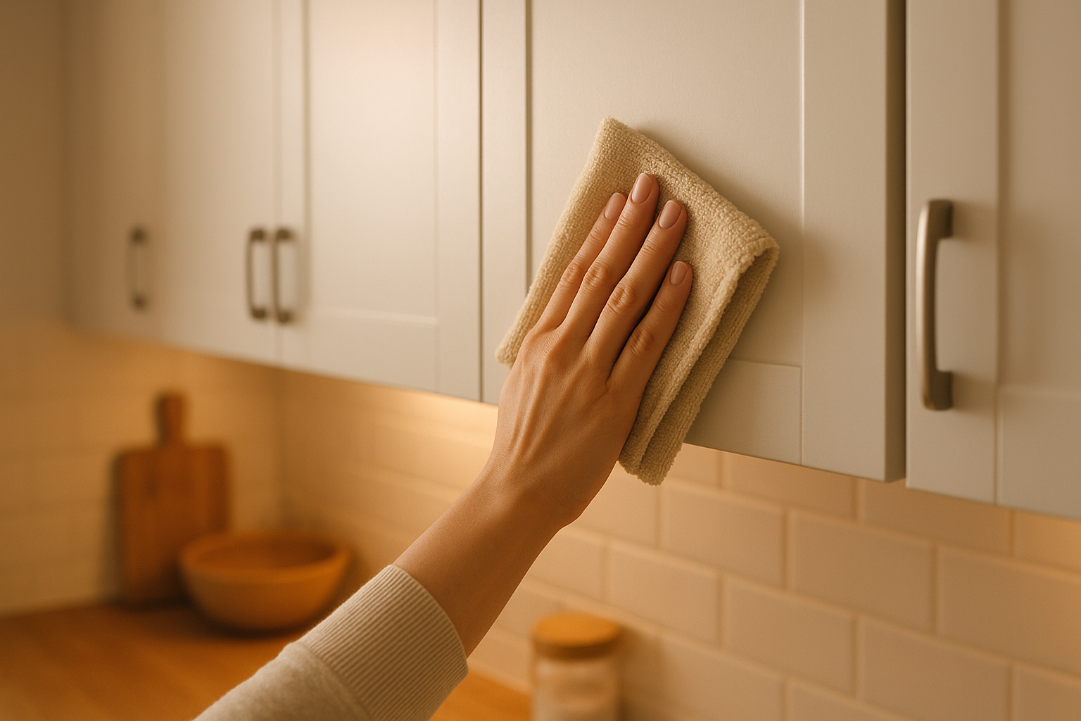 Homeowner maintaining durable kitchen finishes by wiping cabinet surface with a soft cloth