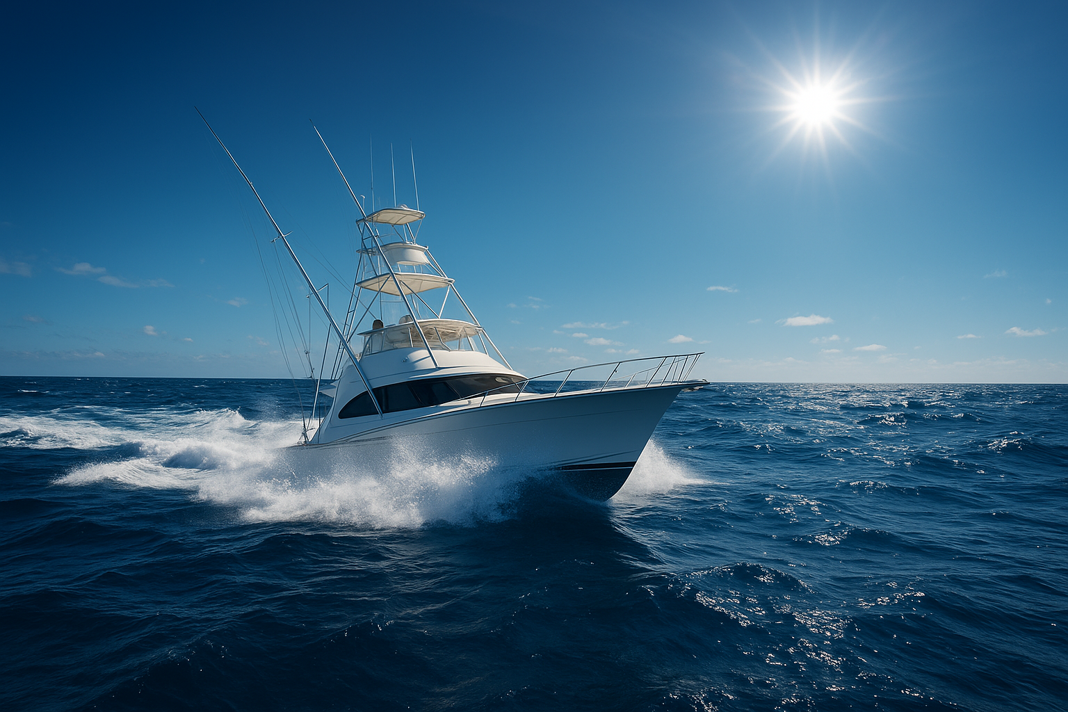 Offshore fishing boat heading toward the Gulf Stream for a deep-sea charter trip
