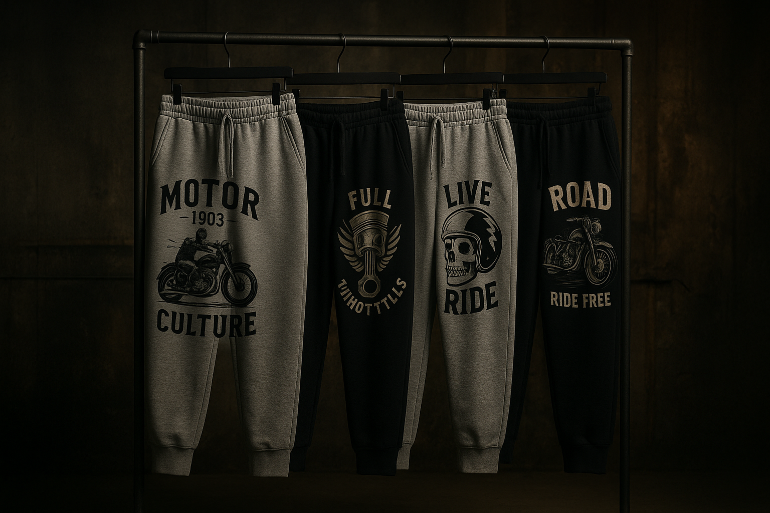 Rack of printed sweatpants featuring bold vintage motor-culture graphics