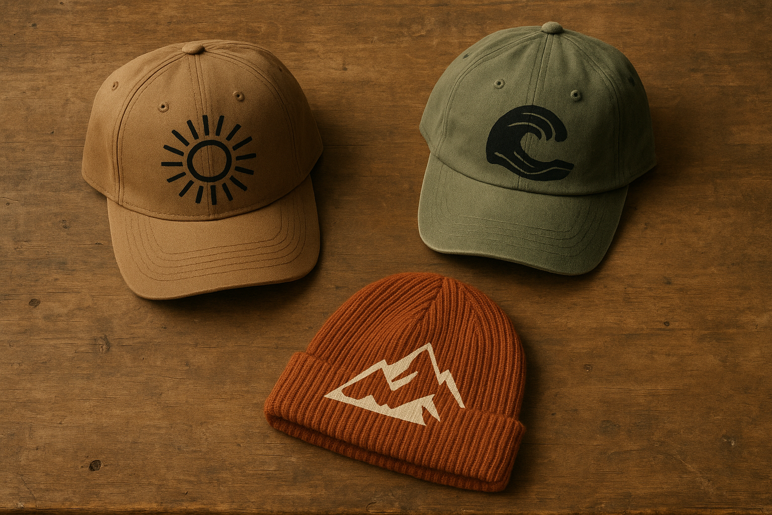 Three hat styles showing different results of custom headwear screen printing techniques