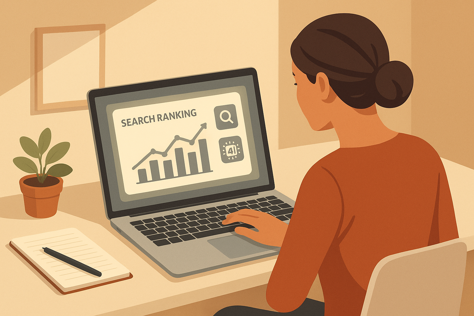 Small business owner reviewing local AI SEO automation services dashboard on laptop