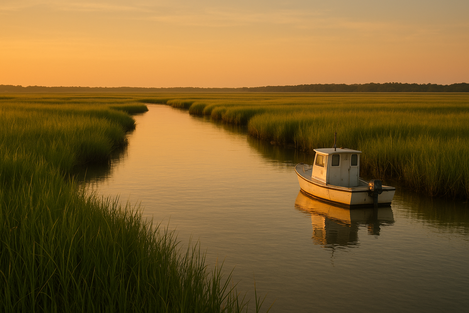 Private boat on backwater creek fishing charters Grand Strand route through coastal marsh