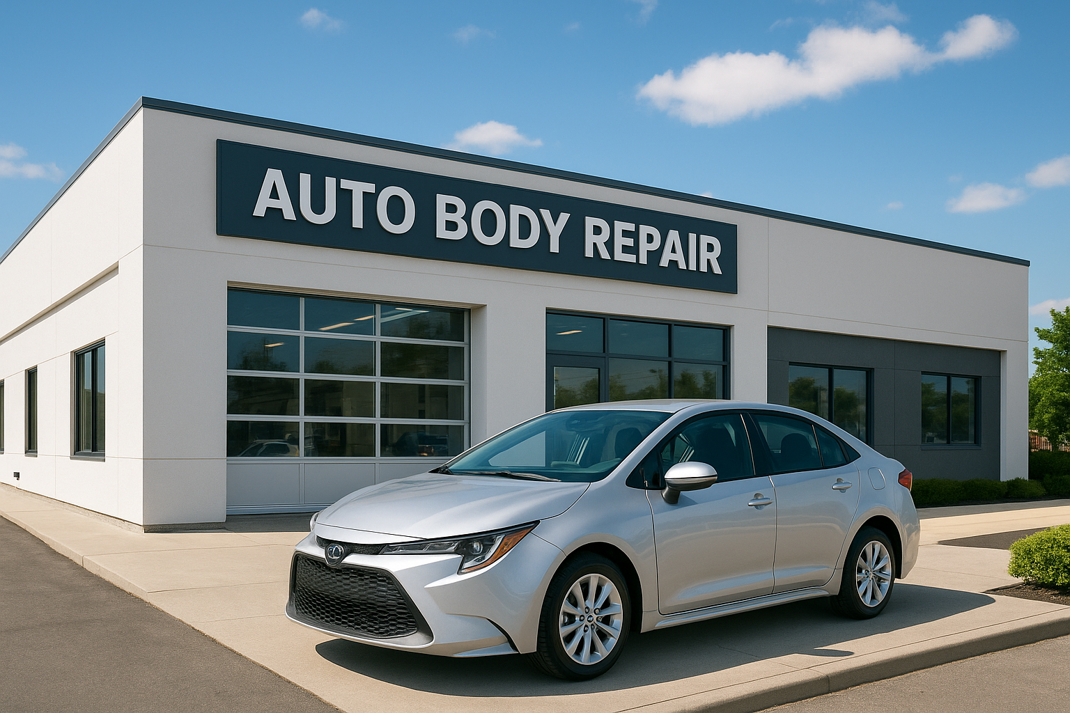 exterior of a professional body shop by me on a sunny day with a repaired car out front
