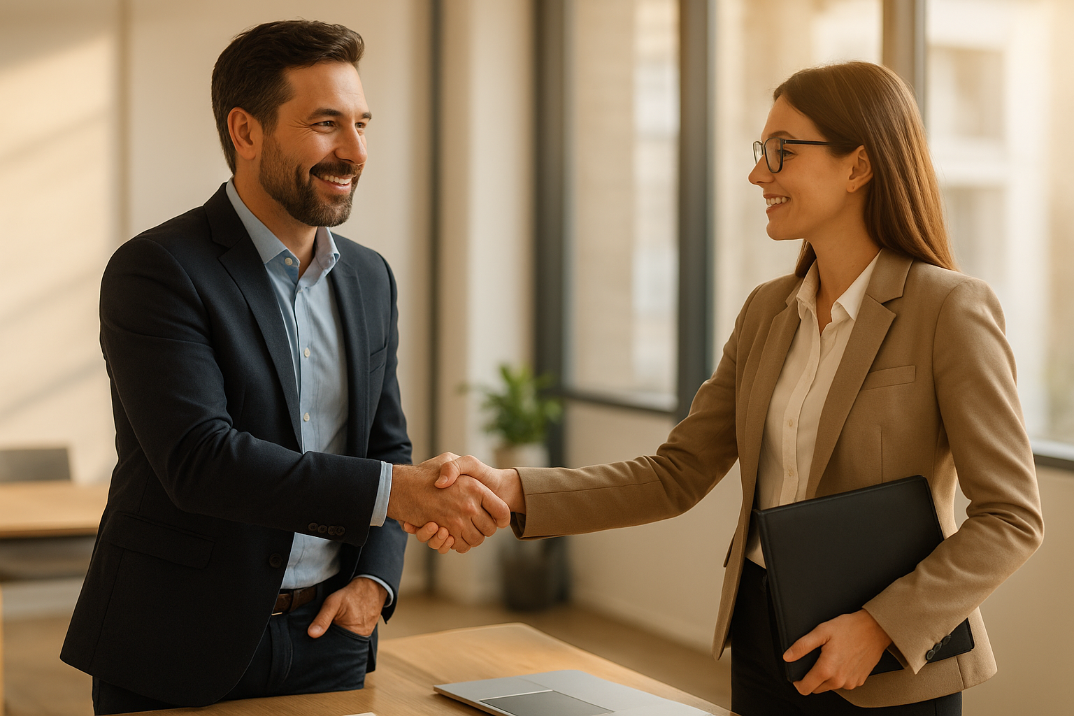 Business leader and HR consultant shaking hands to define HR outsourcing partnership