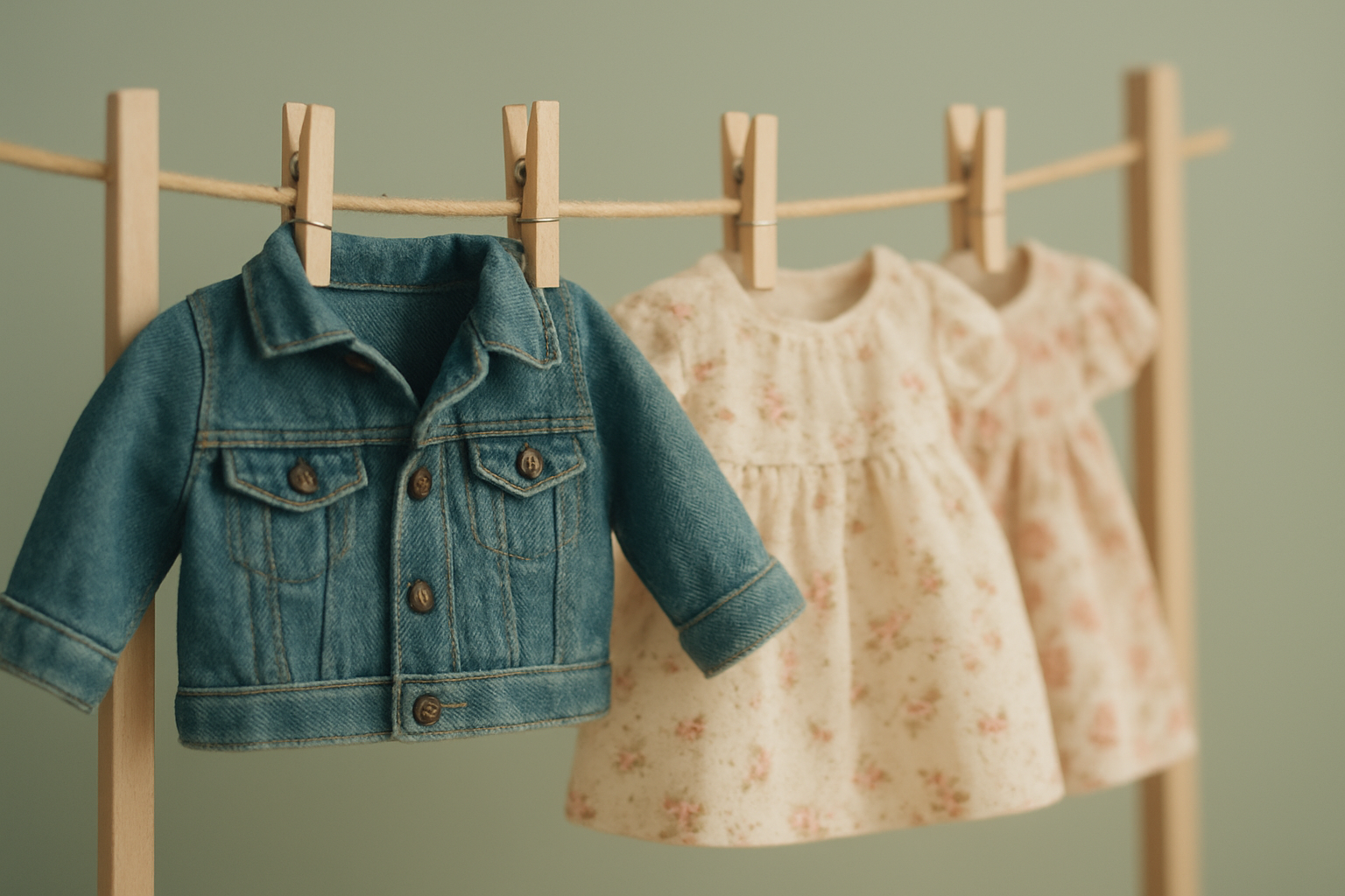 Small children's clothes on a miniature clothesline representing sustainable kids' clothing exchange