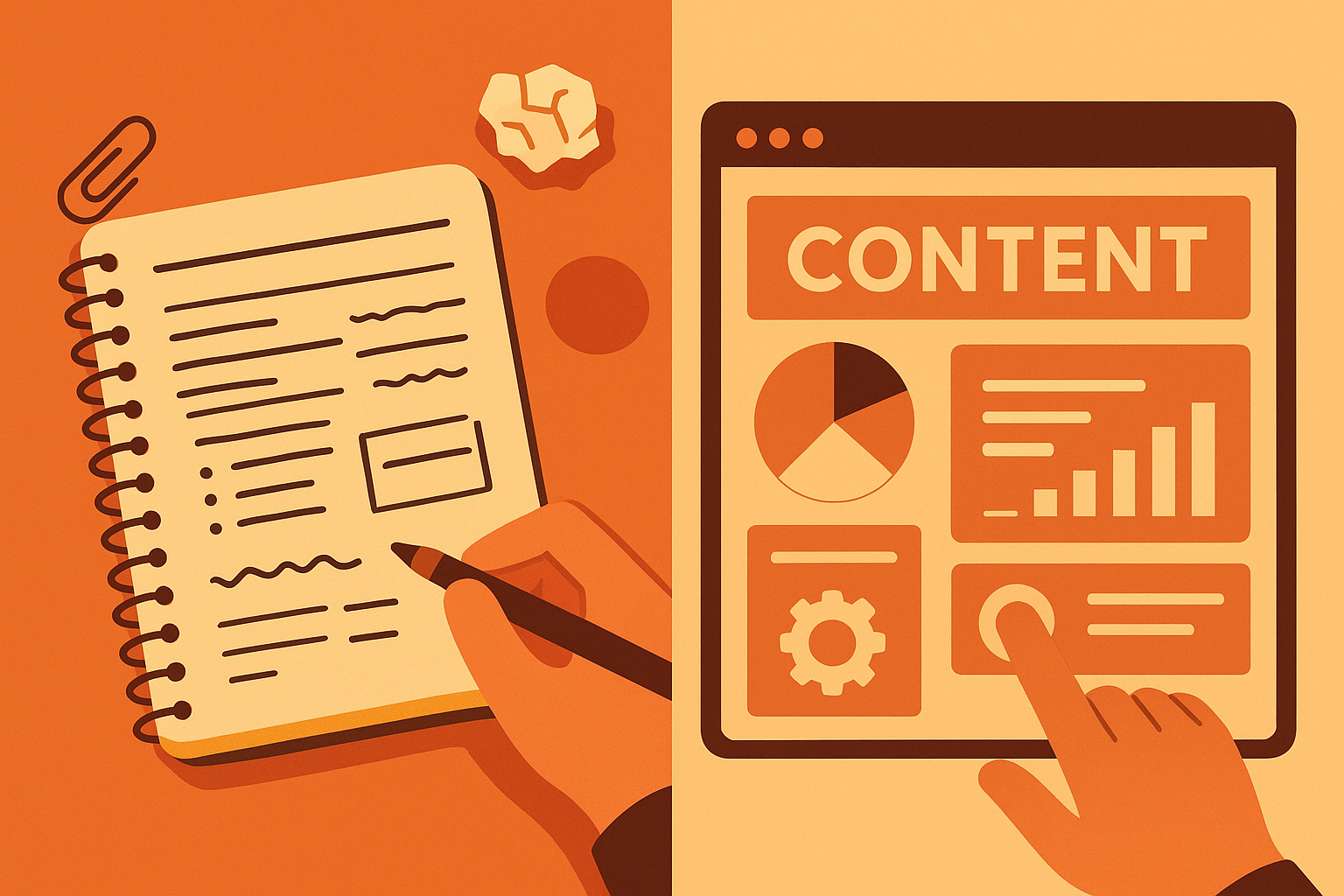 Visual comparison between manual content writing and an automated SEO content generator