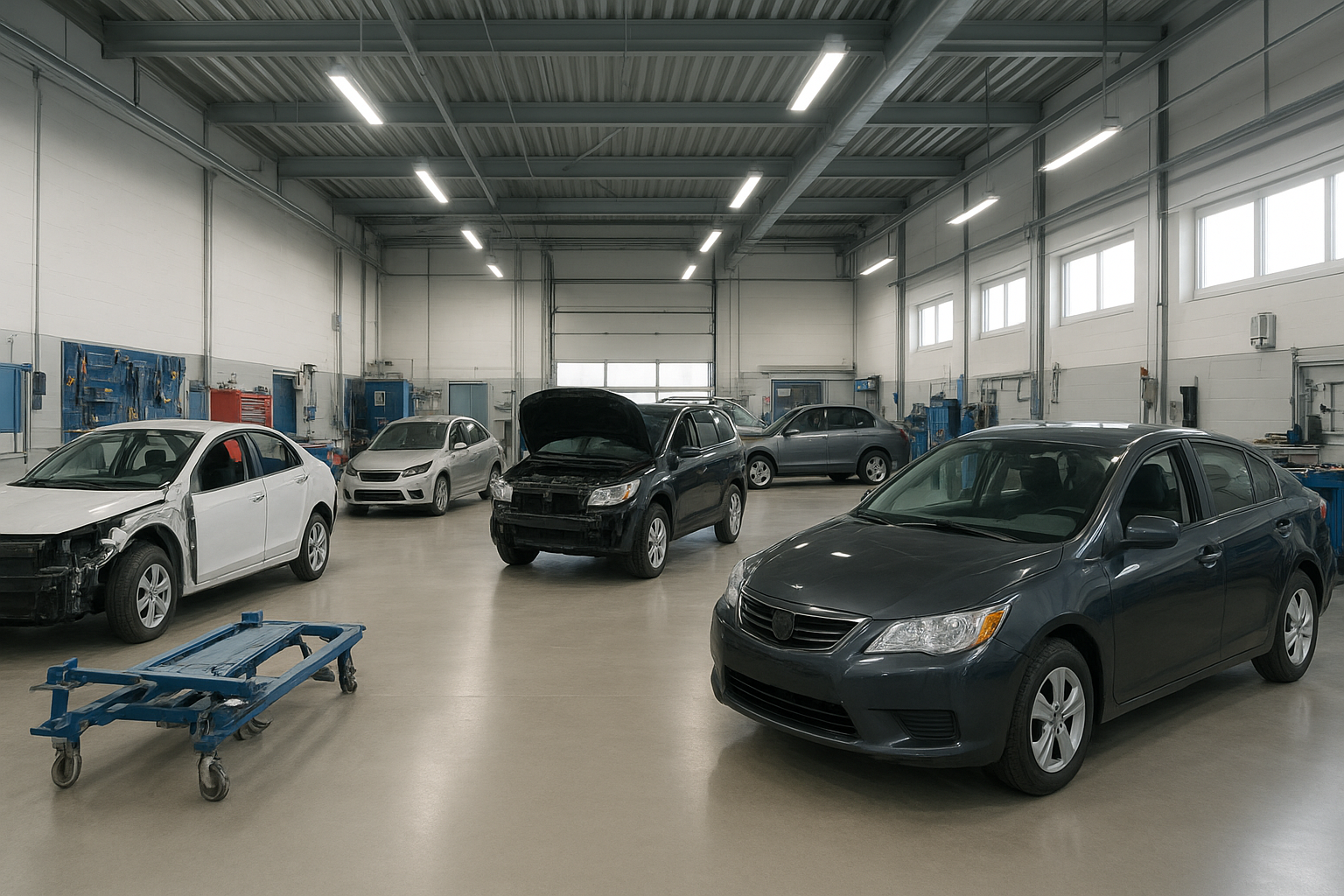 Interior of a professional auto body shop with vehicles undergoing collision and structural repair