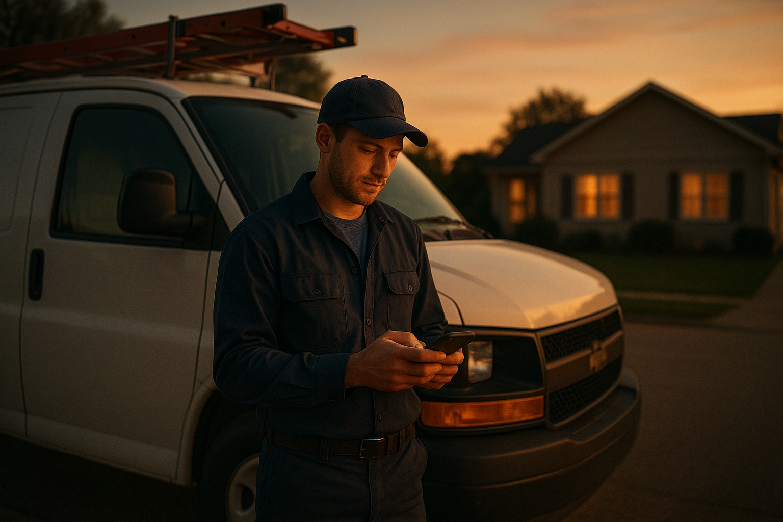 HVAC technician checking a text notification triggered by a missed customer call