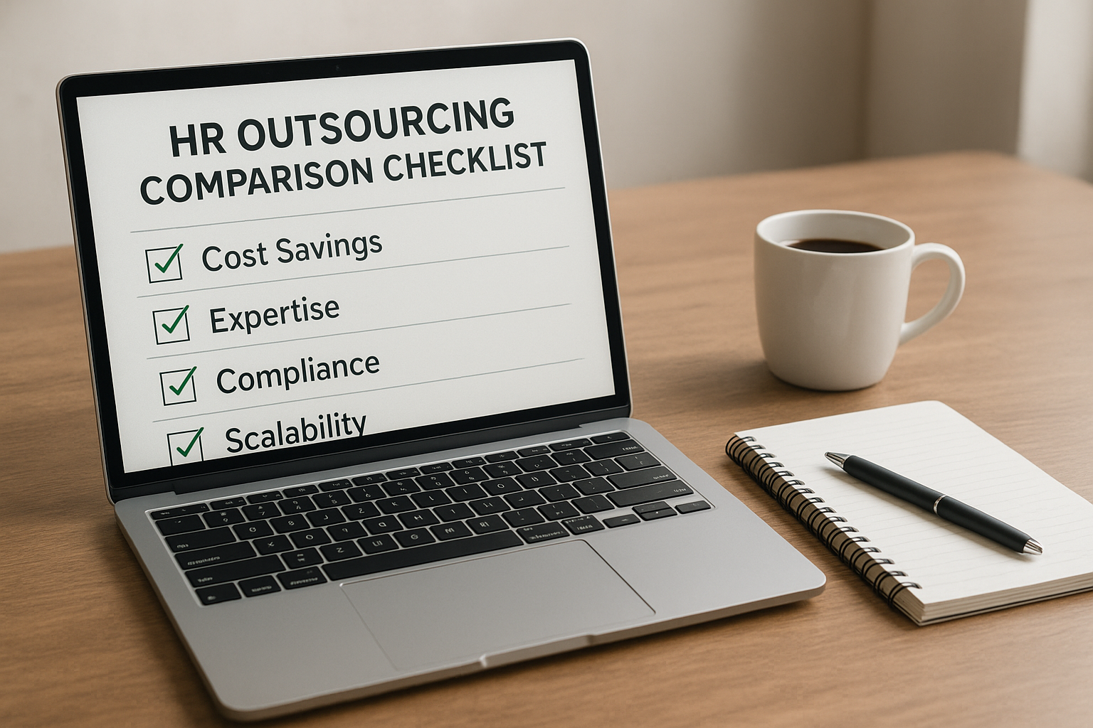 Laptop screen showing an HR outsourcing comparison checklist used to evaluate HR companies names