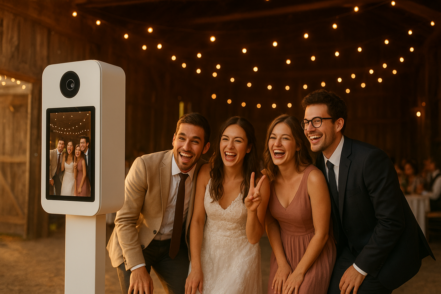Photo booth rental Fort Branch Indiana setup at an evening wedding reception