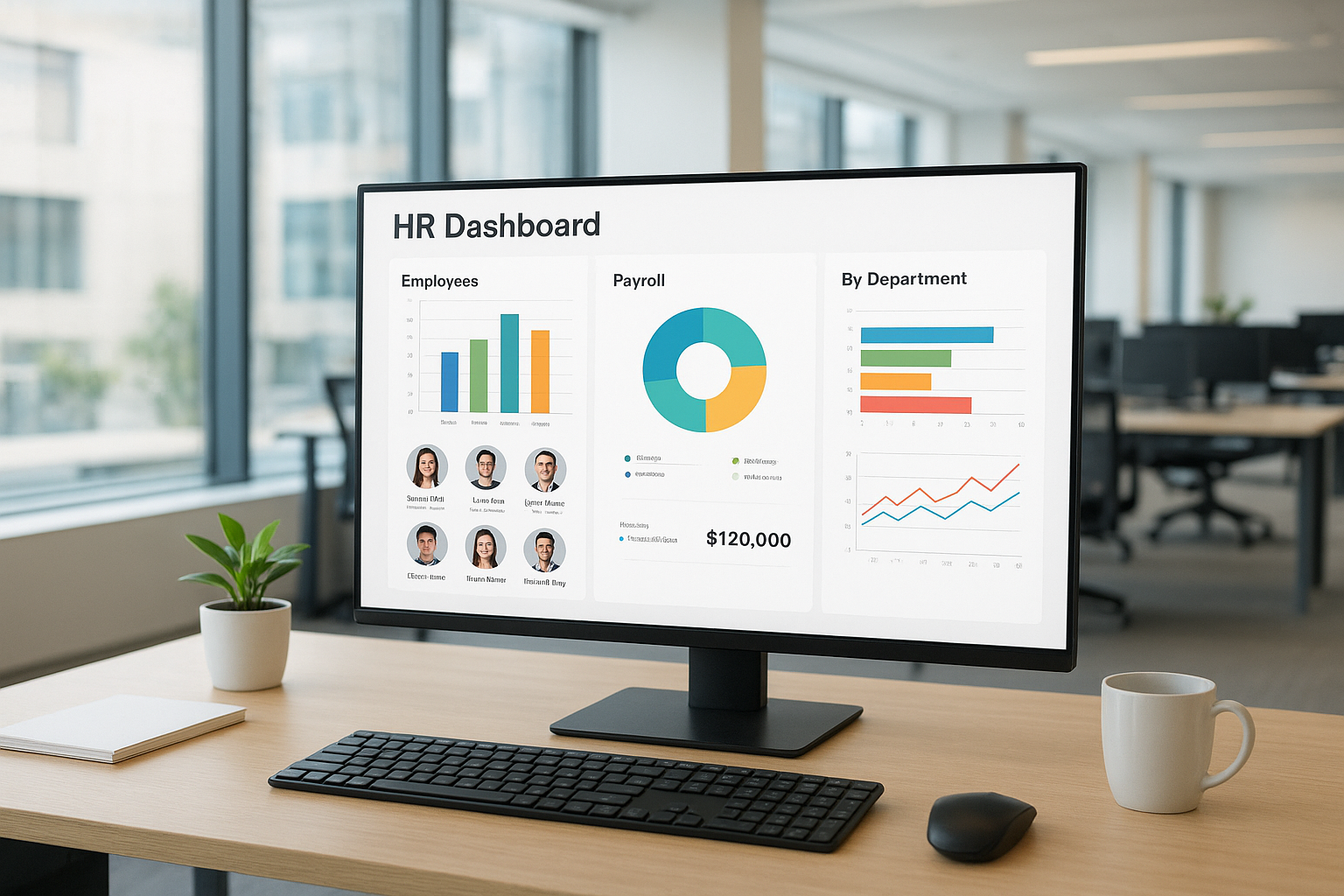 Cloud-based HR management dashboard displayed on a monitor in a modern office