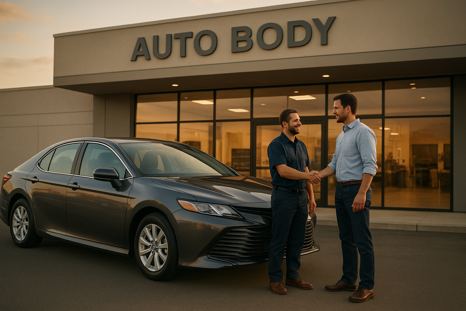 Customer picking up vehicle from the highest rated auto body shop after collision repair
