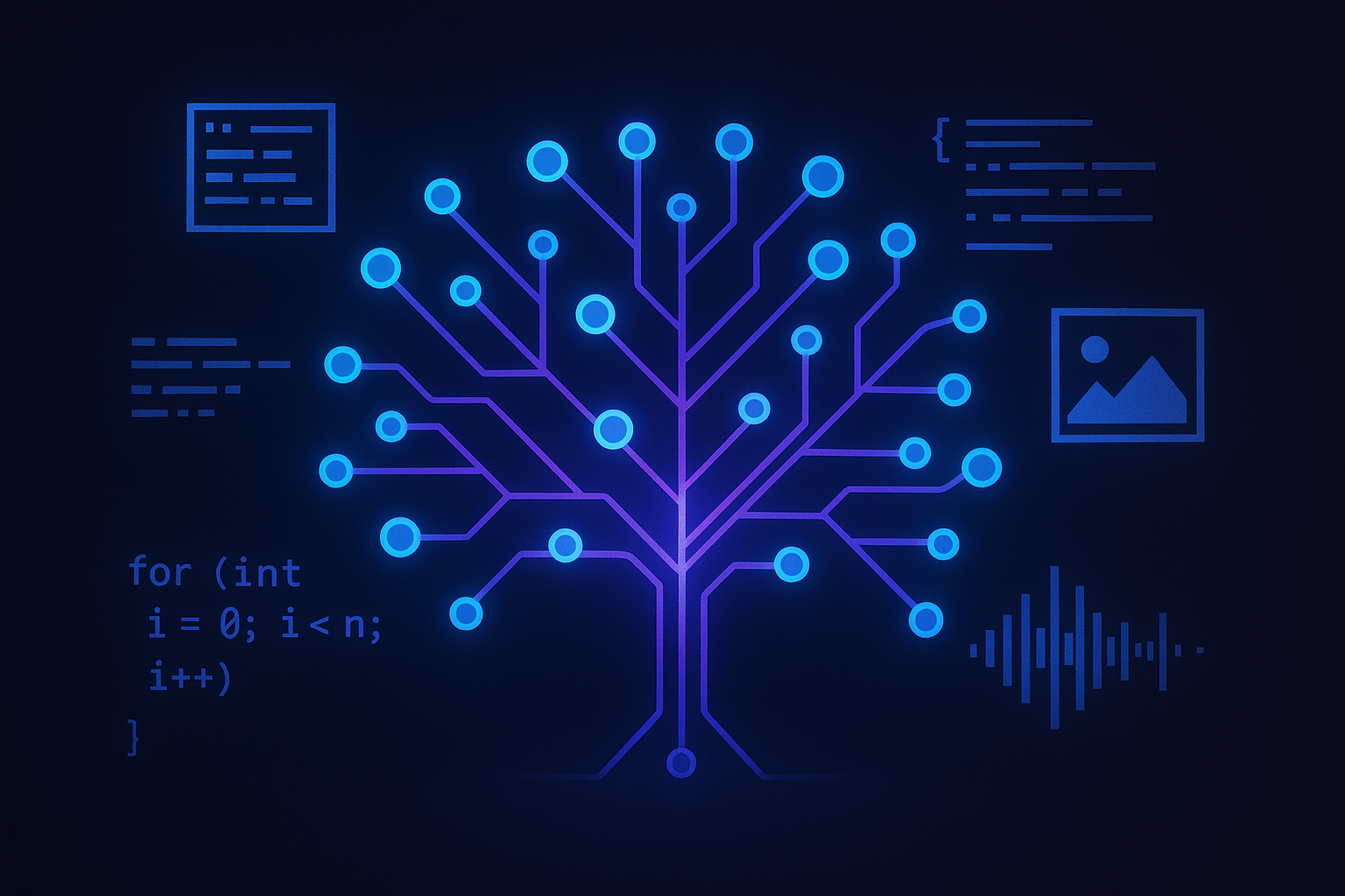 Generative AI neural network diagram showing how AI creates text, images, and code