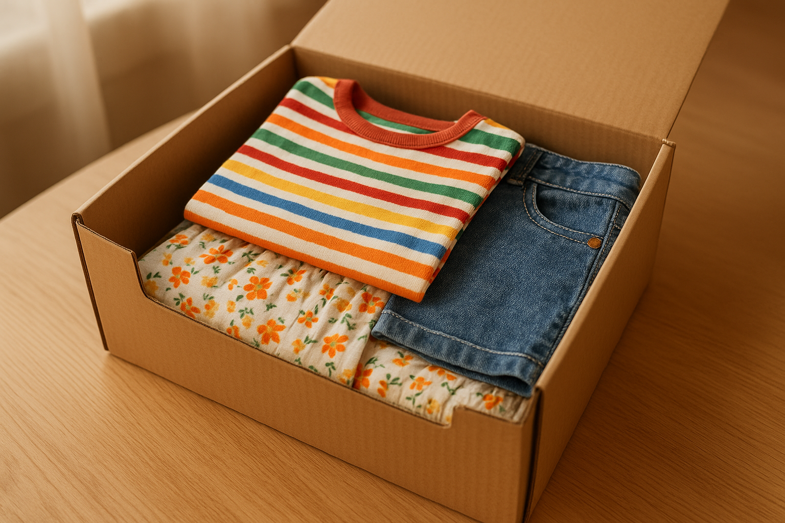 Open kids clothing box subscription delivery with folded colorful children's outfits on a wooden table