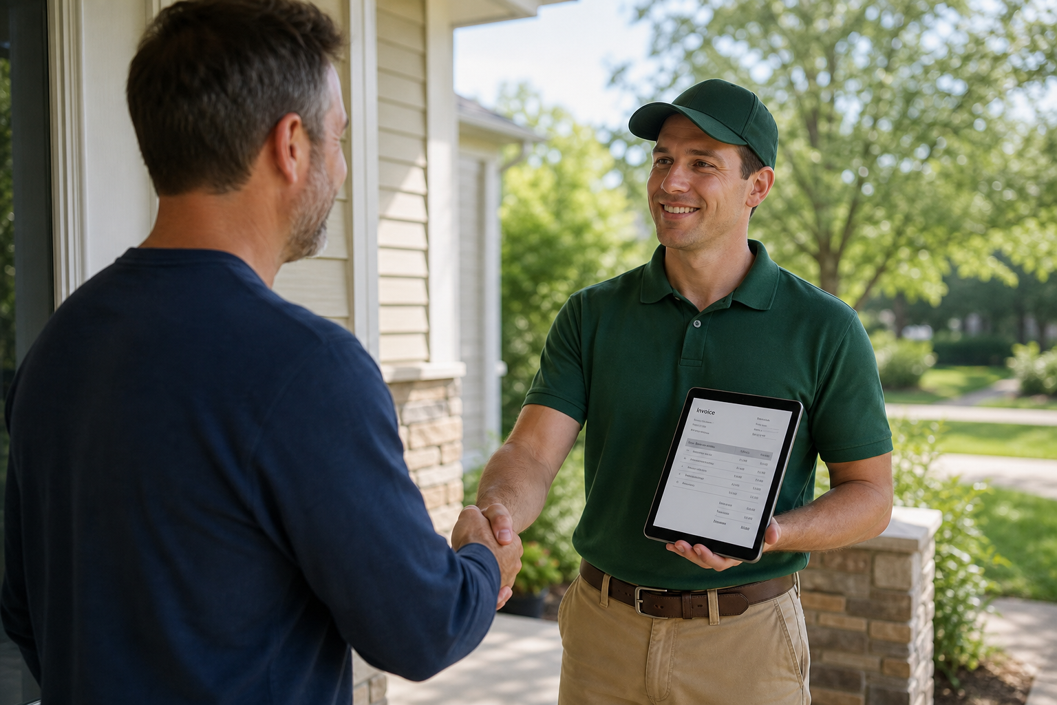Homeowner and landscaping technician reviewing a digital invoice on a porch