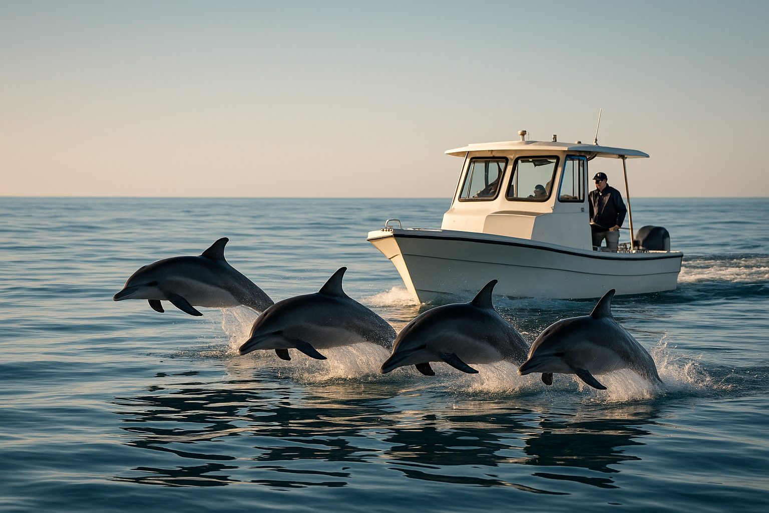 Pod of dolphins leaping beside a San Diego dolphin tour boat