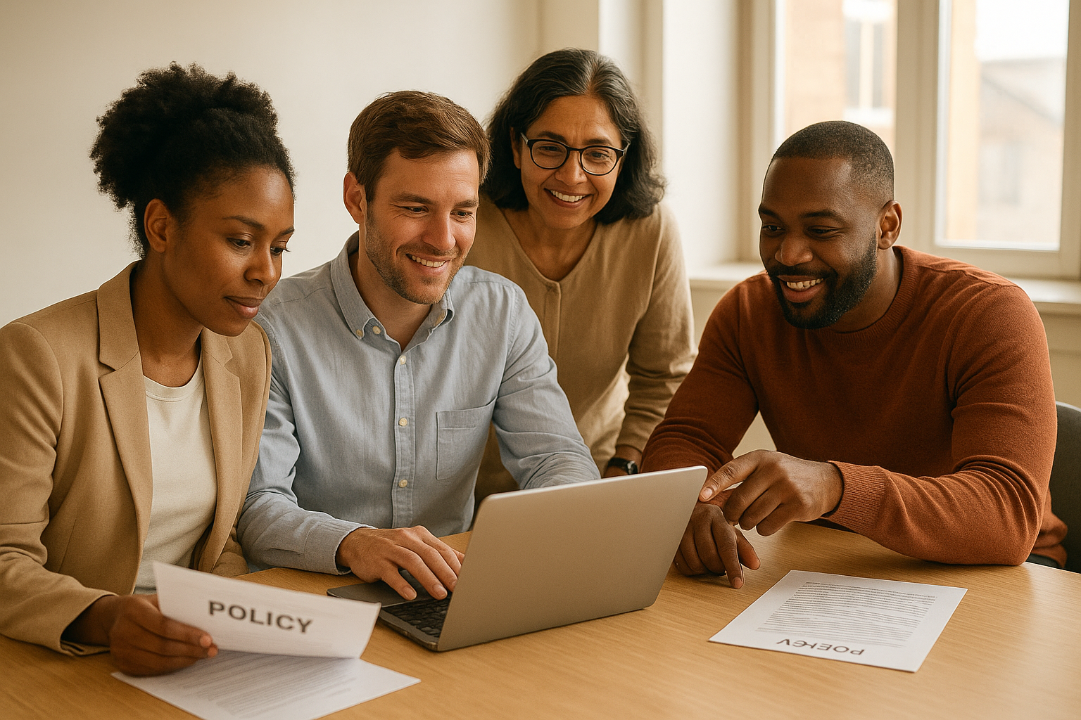 HR consultant and company leaders reviewing draft workplace policies together