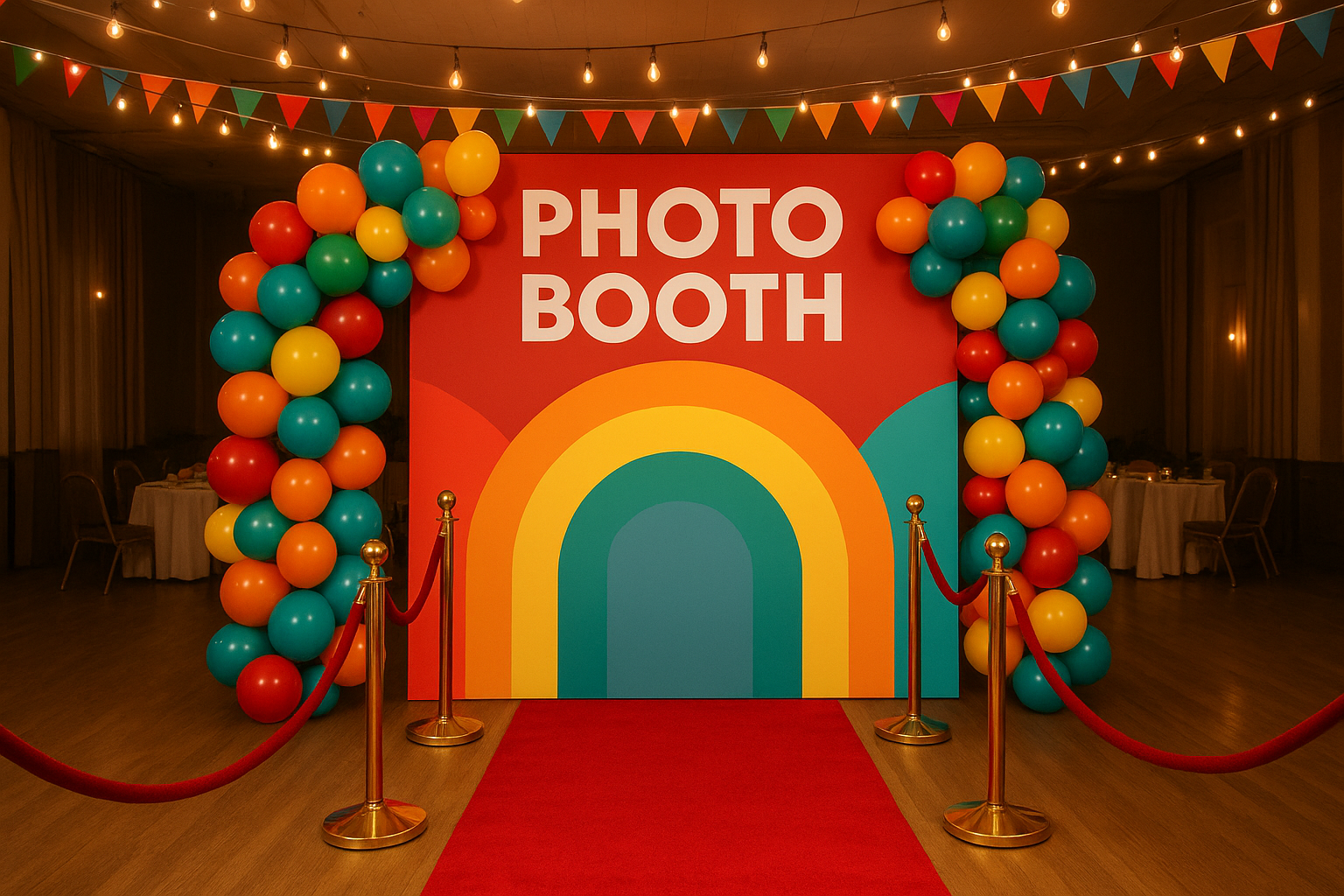 Red carpet backdrop setup for a photo booth rental at a Kentucky event hall