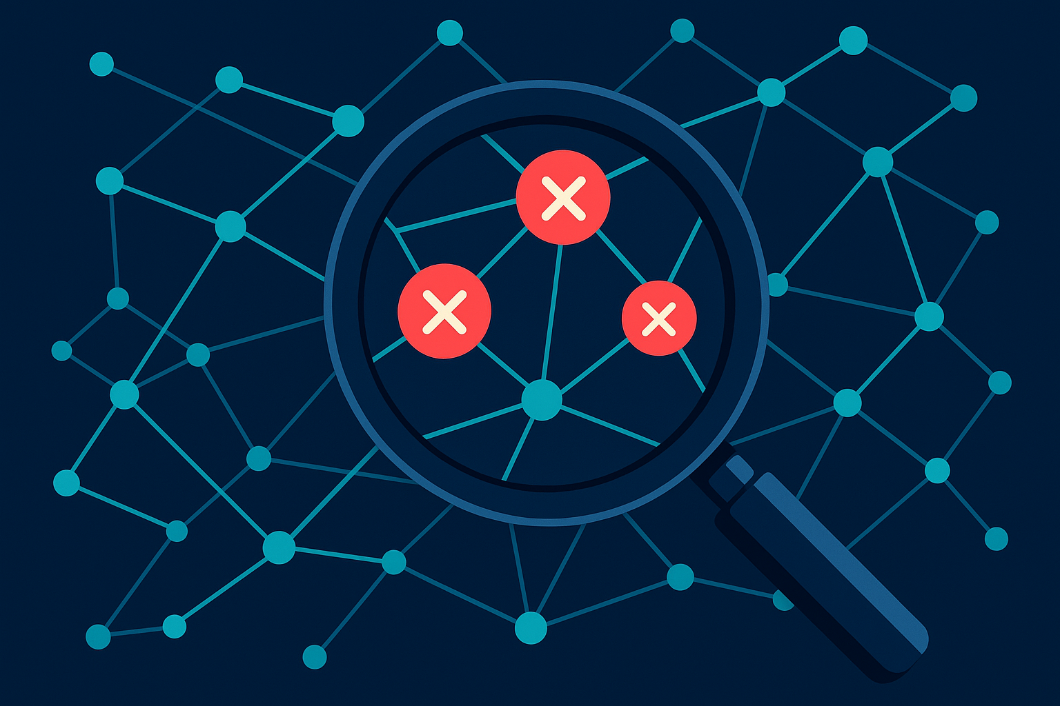 Magnifying glass identifying toxic backlinks in a web of interconnected site nodes