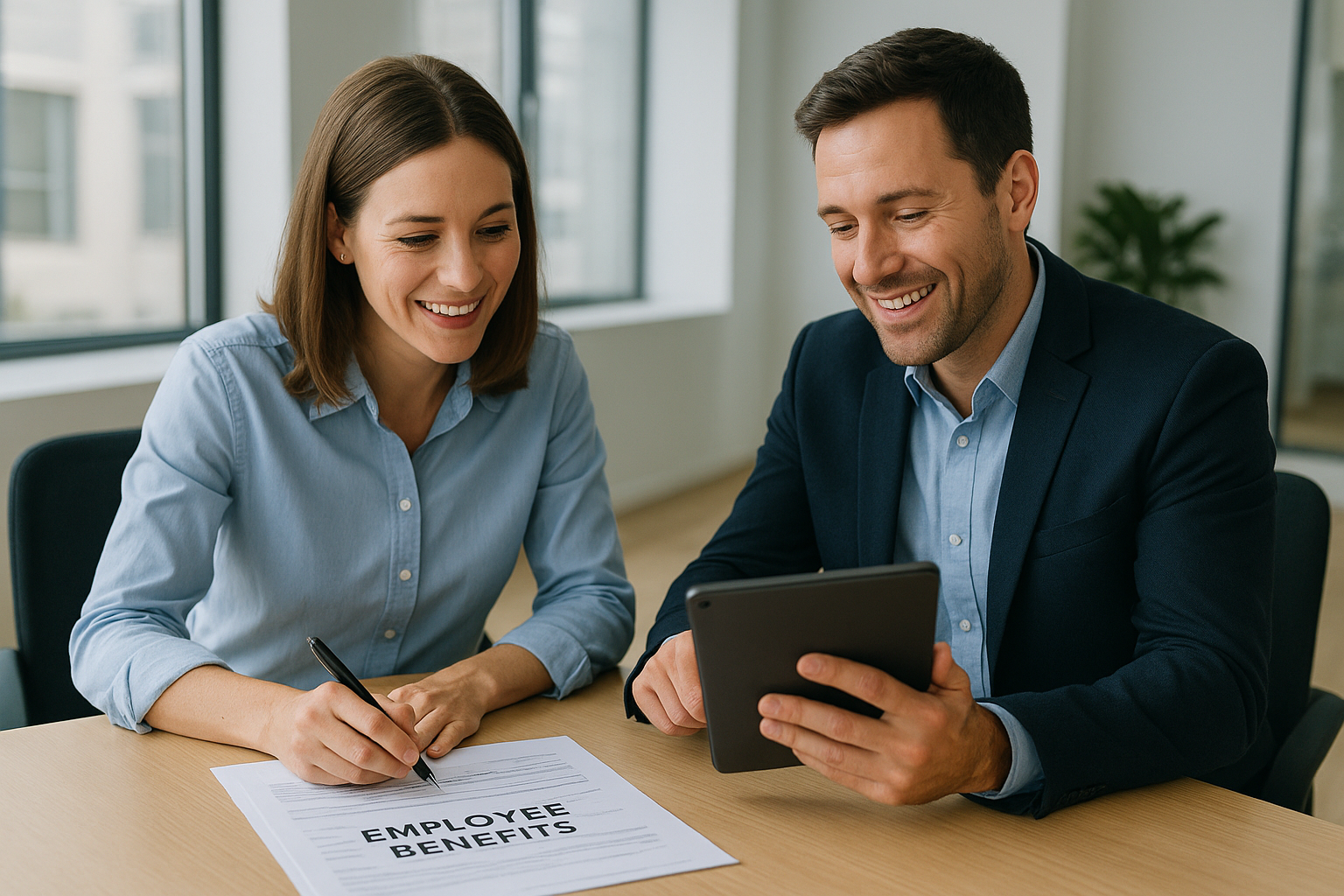 HR administrator and manager collaborating on employee benefits enrollment paperwork