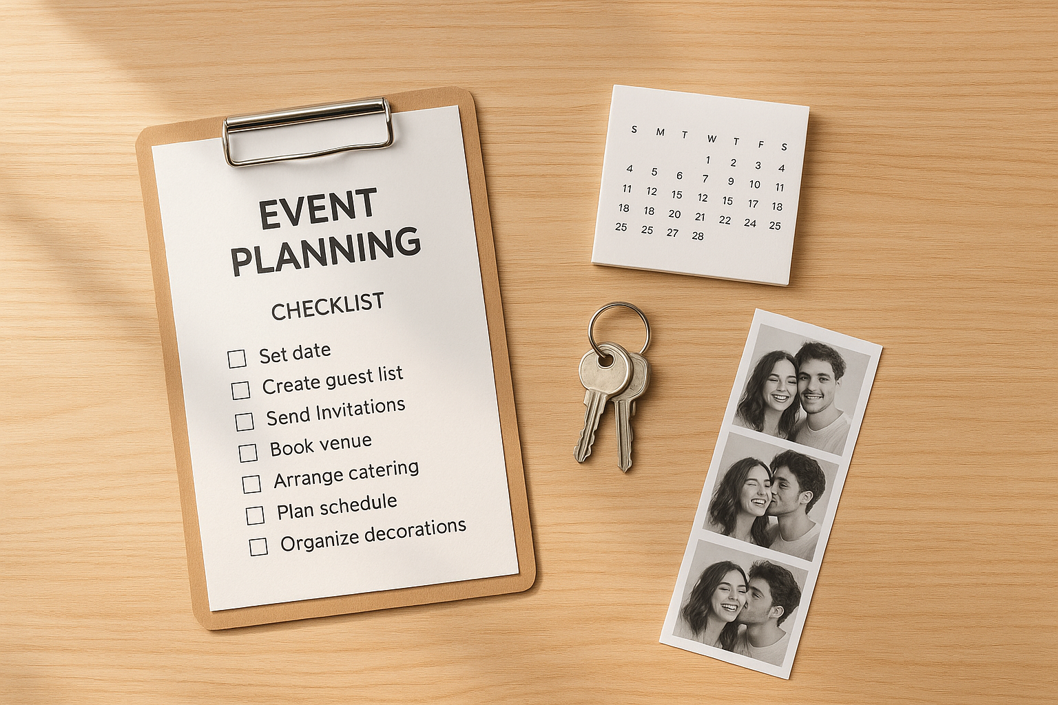 Event planning checklist and photo strip representing scheduling for a weekend photo booth rental
