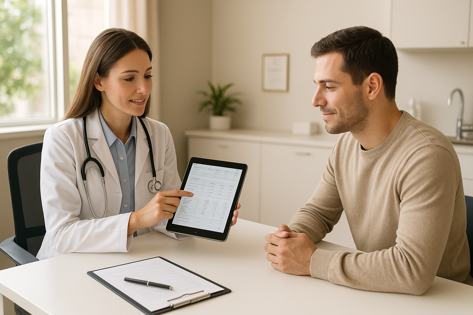 Physician reviewing medical weight loss options with a patient during a clinical consultation