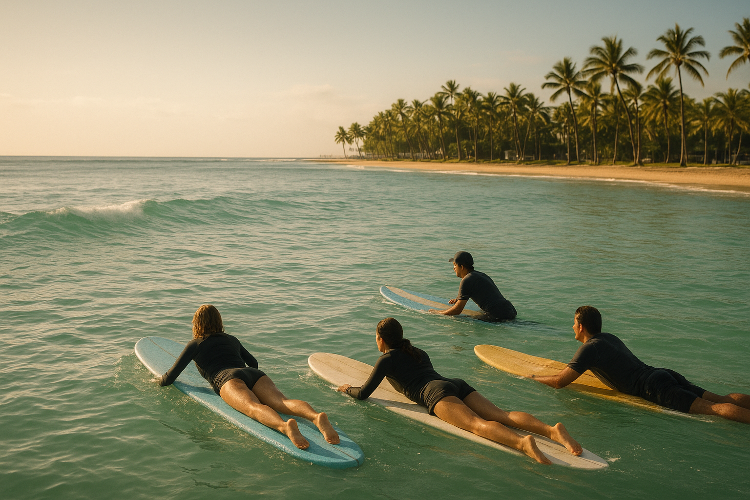 Small group surf lessons Waikiki students paddling out with an instructor