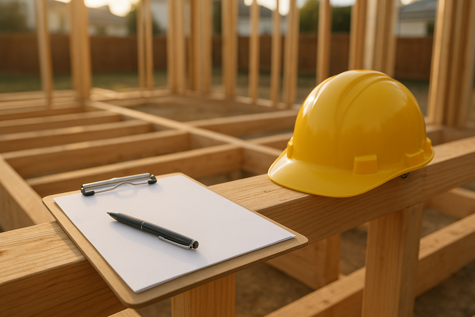 Licensed ADU contractor's clipboard and hard hat on a Southern California job site
