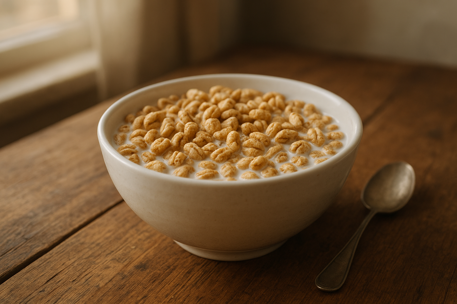Bowl of puffed whole grain cereal representing the best healthy cereal for families
