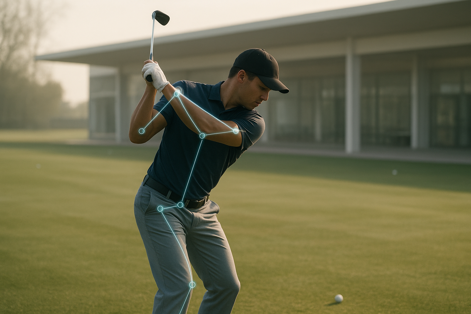 Golfer analyzed with motion-capture technology during swing modeling for performance