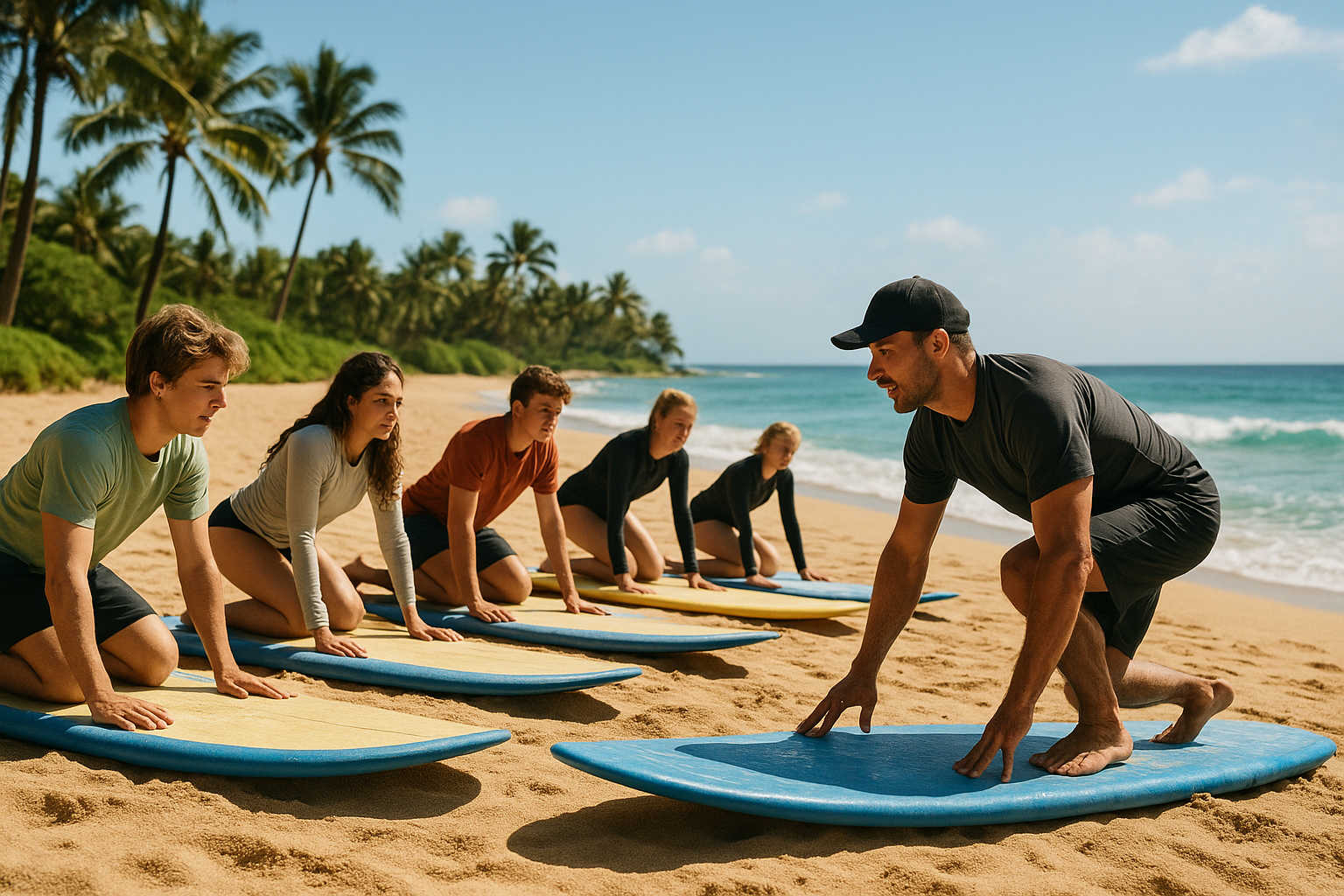 Surf students practicing pop-up technique on the beach during a Hawaii surf coaching session