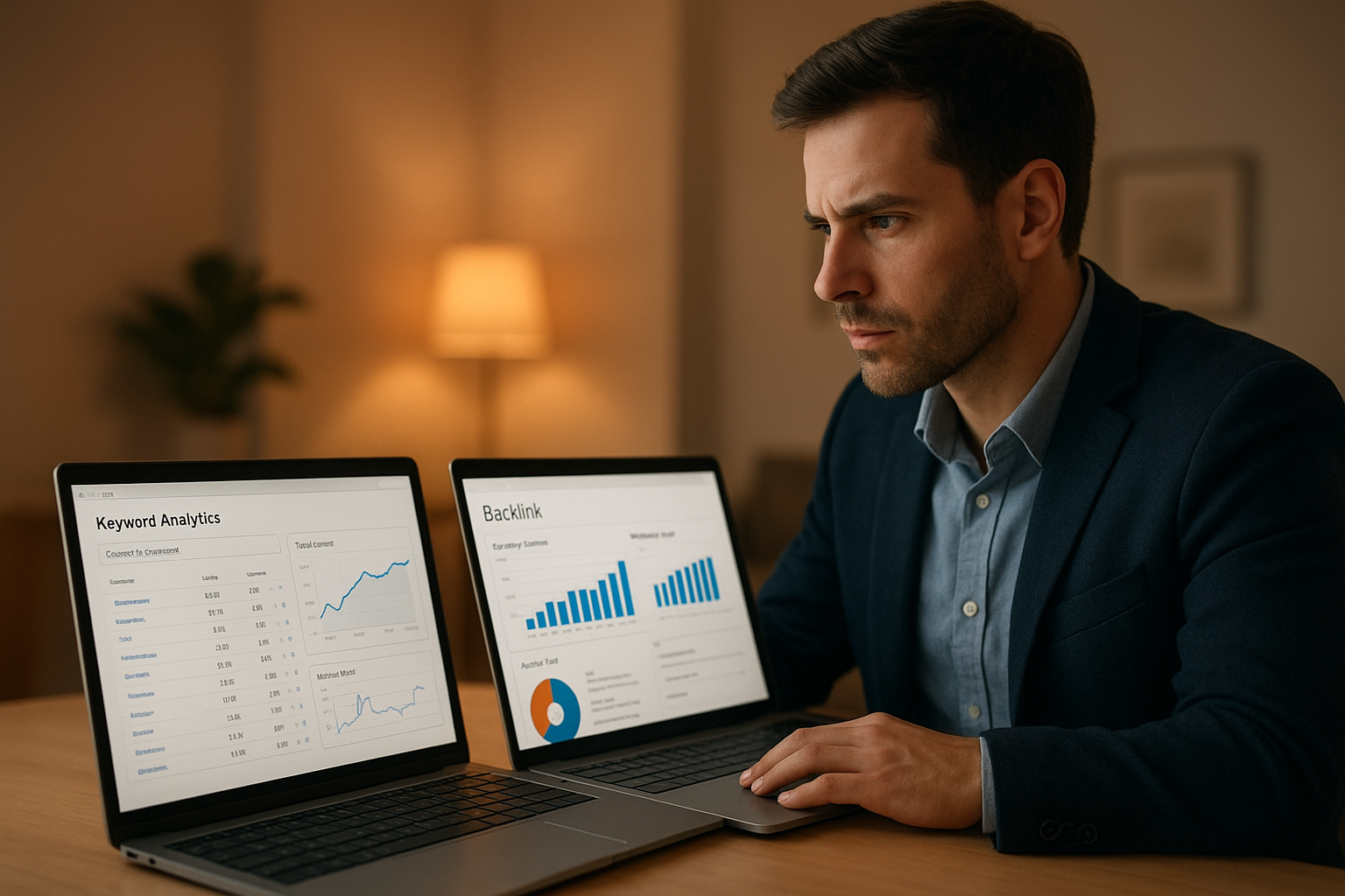 Marketer comparing different cloud SEO software platforms on two laptop screens side by side