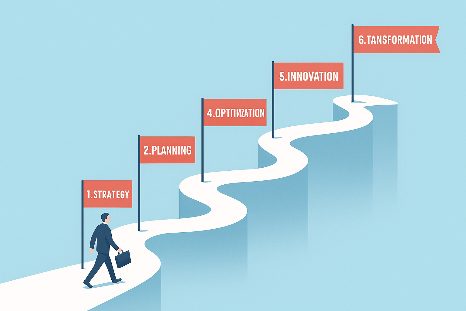 Six-step process for organizational change implementation shown as an upward milestone path