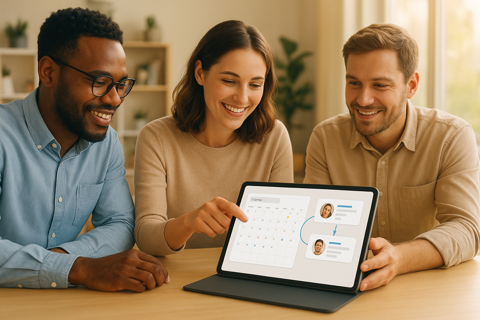 Small business team reviewing connected calendar and CRM records on a unified platform