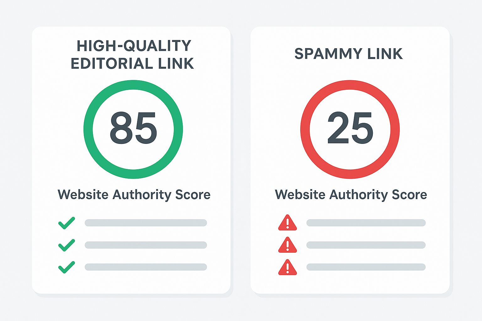 Comparison of high-value editorial backlink versus a toxic spammy backlink with quality indicators