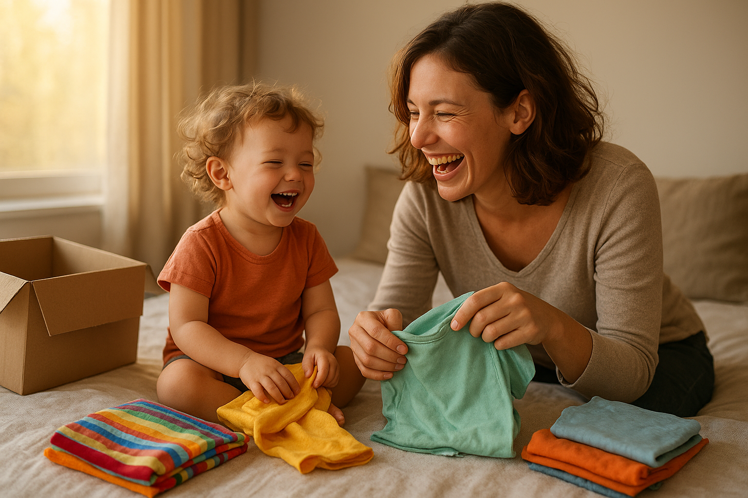 Parent and child sorting a rotating wardrobe box from a kids clothing rental service