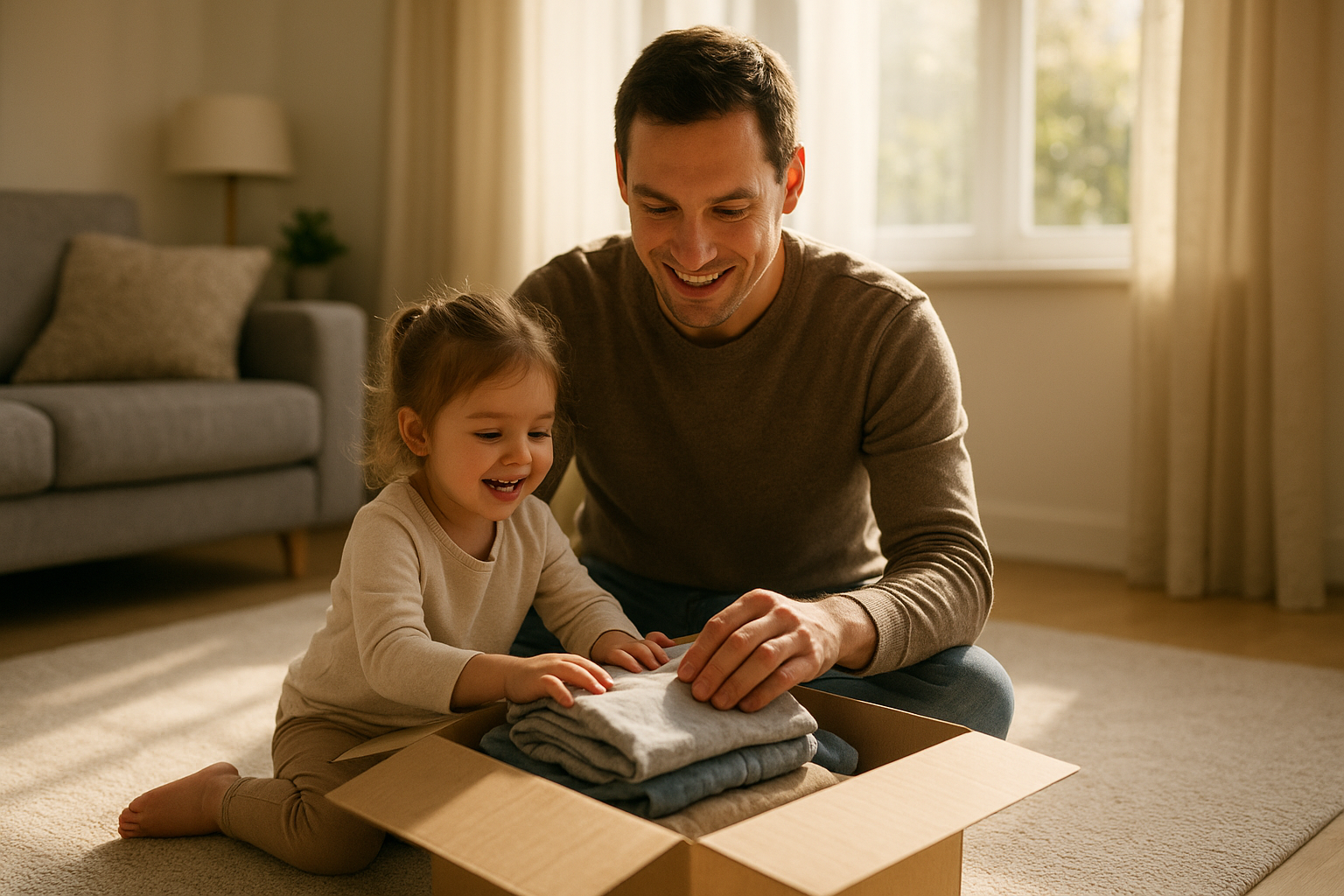 Parent and child unboxing a kids clothing rental delivery at home