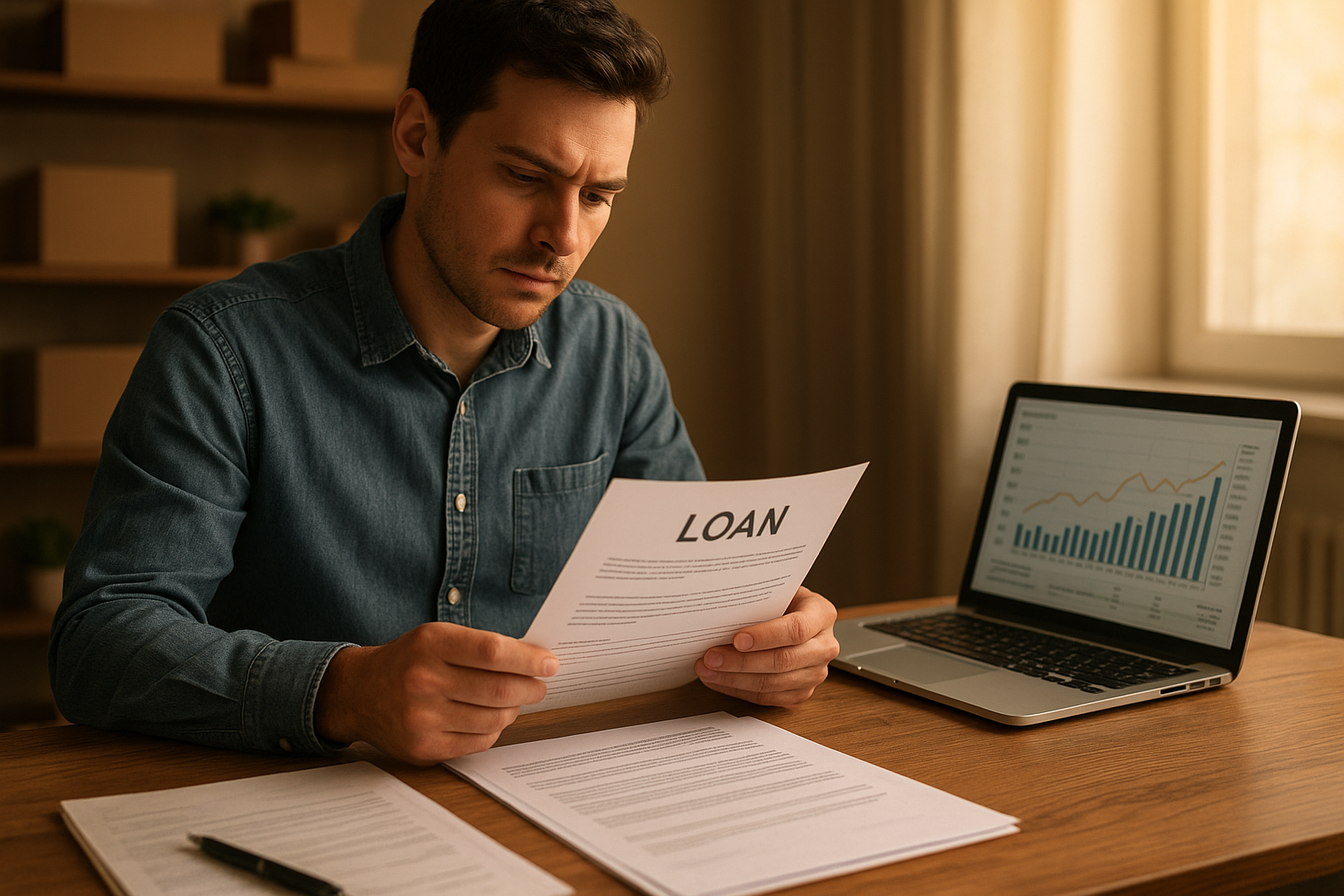 Business owner reviewing SBA loan paperwork and financial documents at a desk