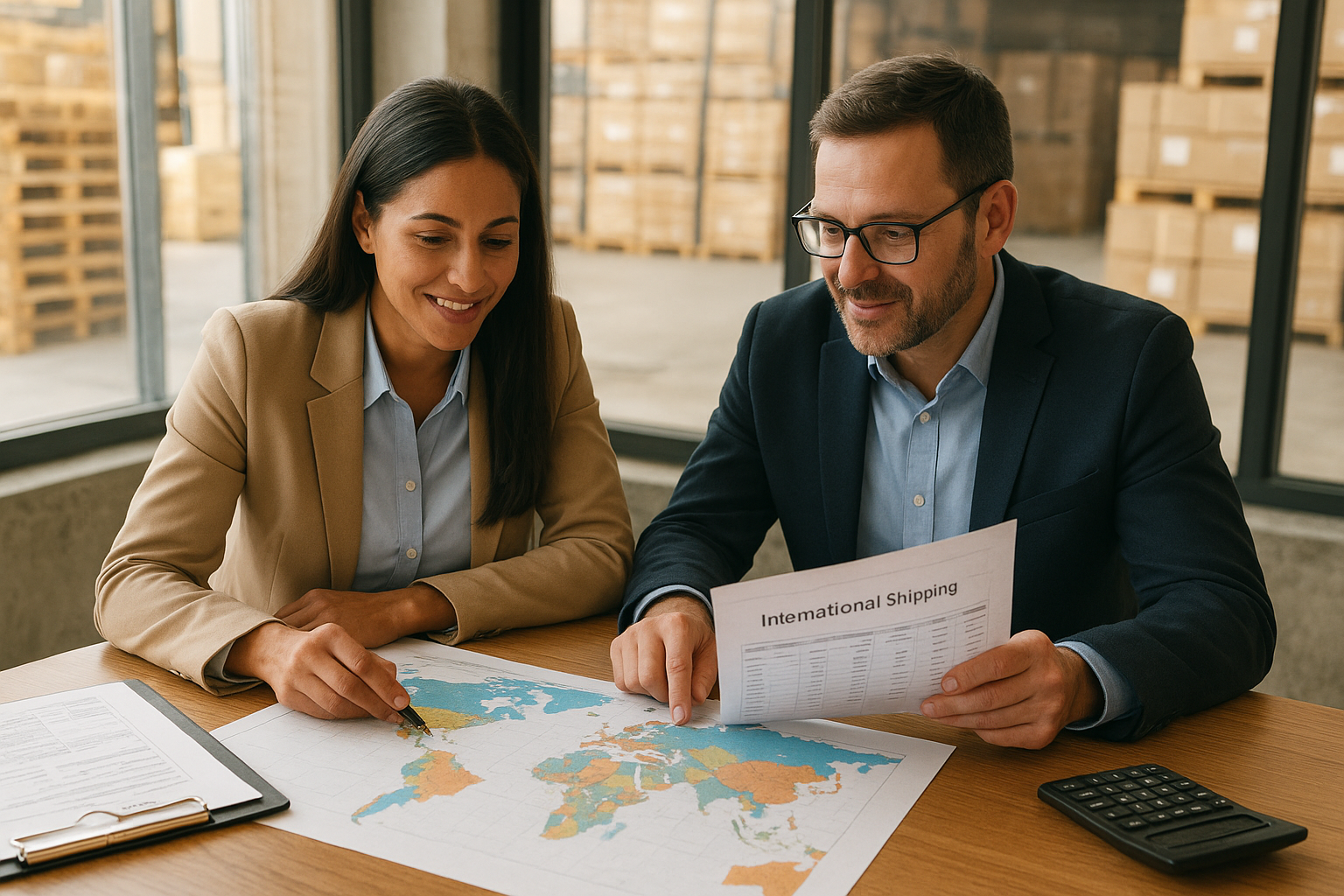 Freight broker reviewing international shipping paperwork with a shipper near warehouse pallets