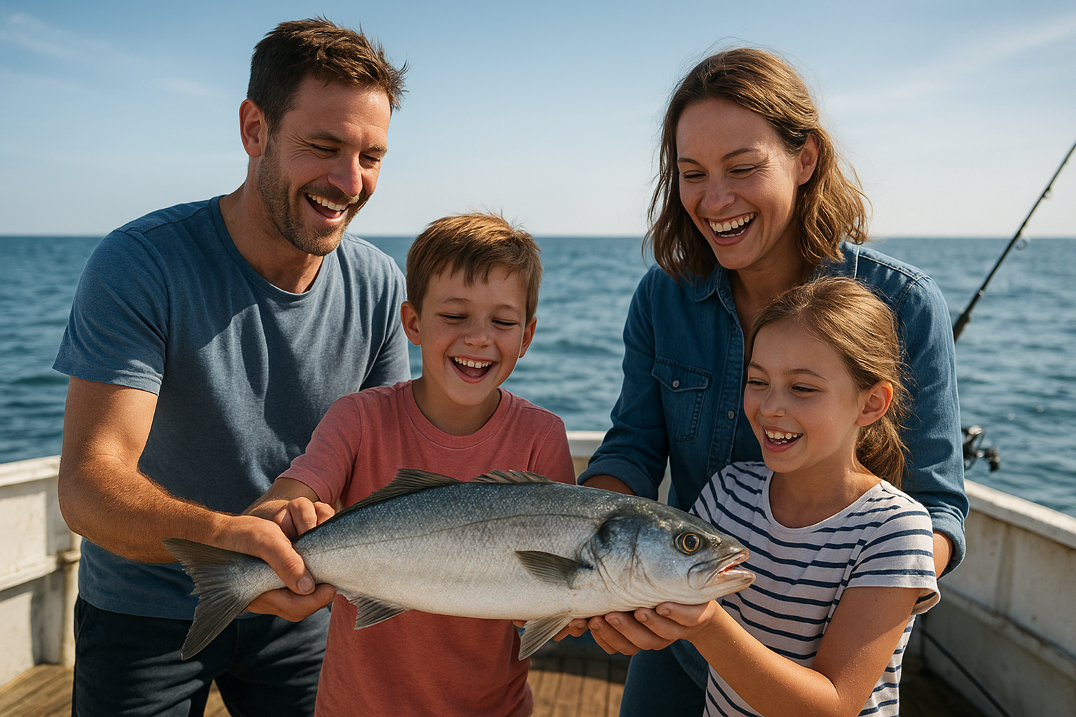 Family celebrating a catch during a fishing charter trip near the South Carolina coast