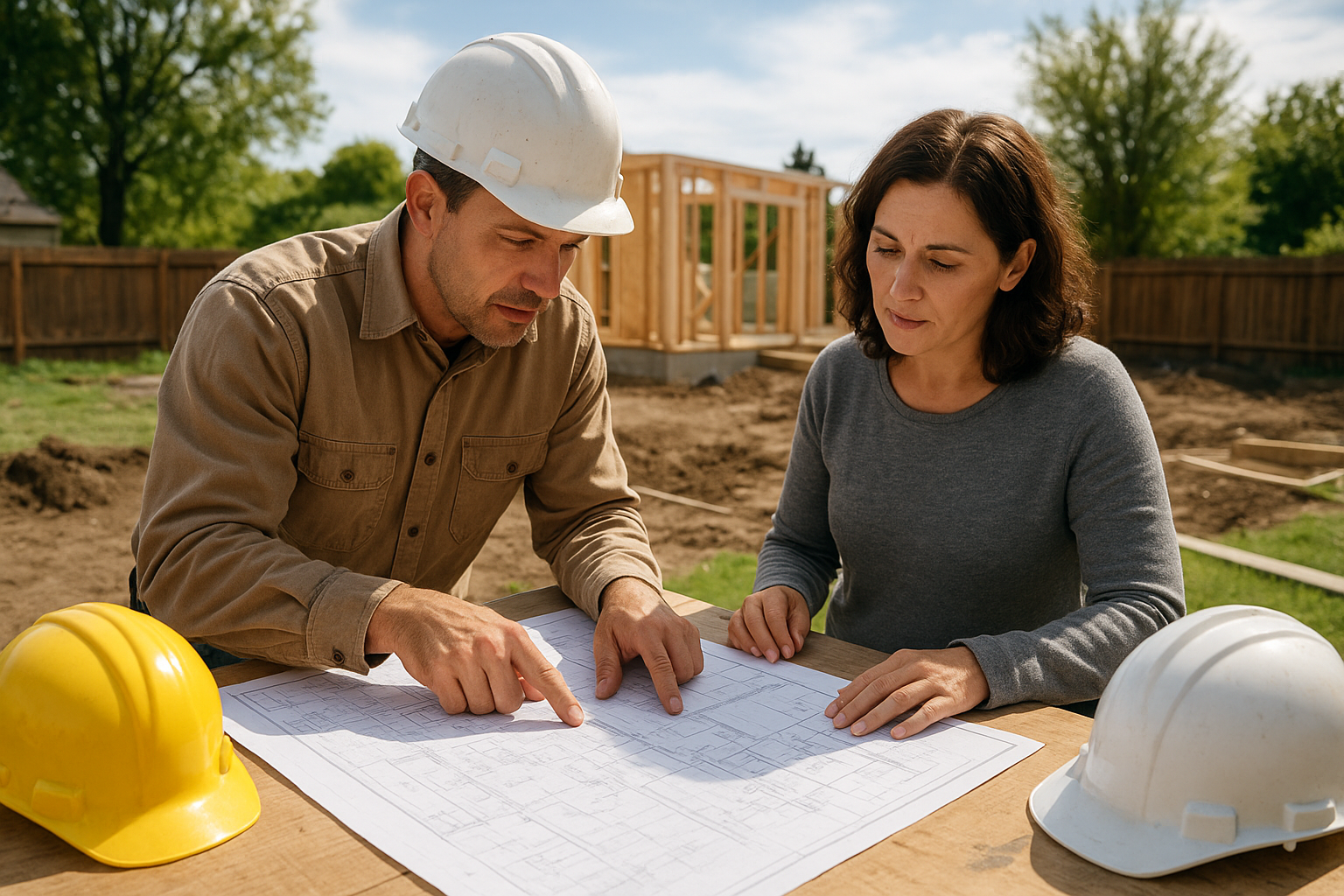 Contractor reviewing floor plans with homeowner for a mother in law suites project