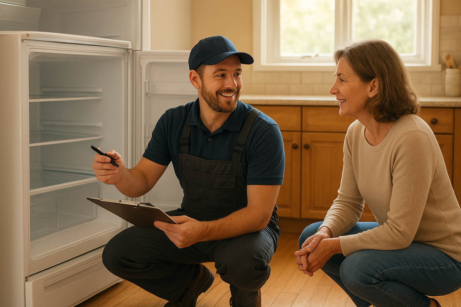 Technician providing community-focused appliance repair in a Santa Rosa kitchen