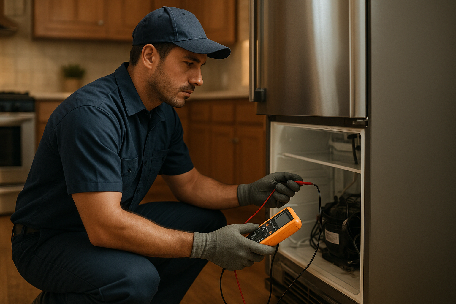 Technician providing best appliance repair service on a refrigerator in a Santa Rosa kitchen