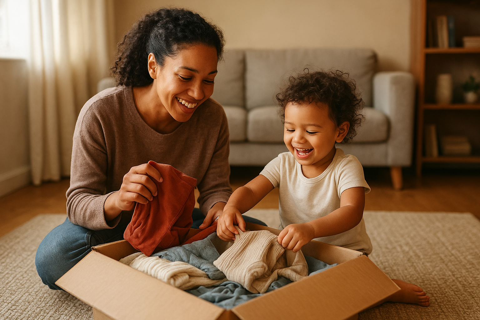 Parent and child unpacking a monthly kids clothing subscription box at home