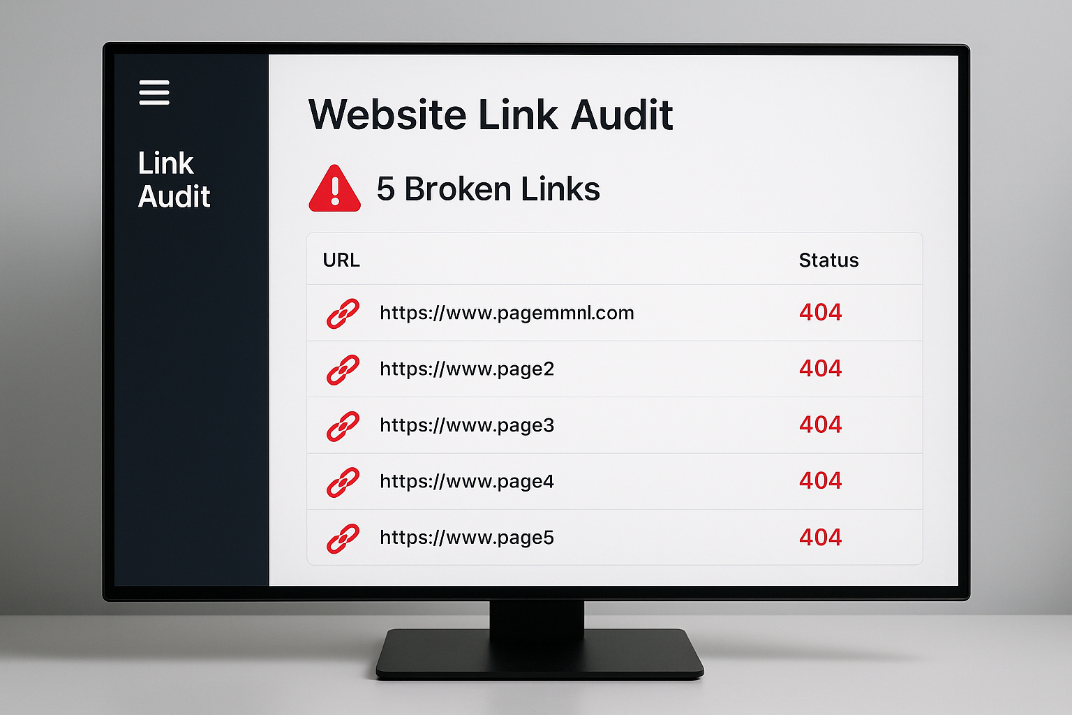 Website dashboard showing broken link testing results with 404 error indicators