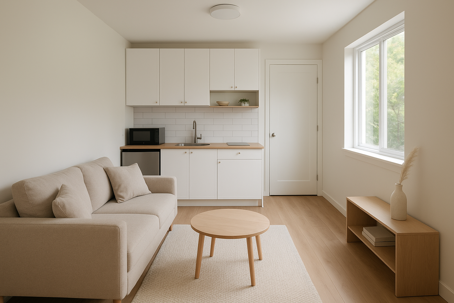 Finished interior of a small garage conversion ADU with a kitchenette and living area