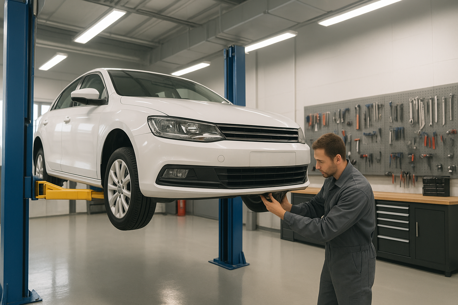 Certified technician inspecting a vehicle at a repair and body shop